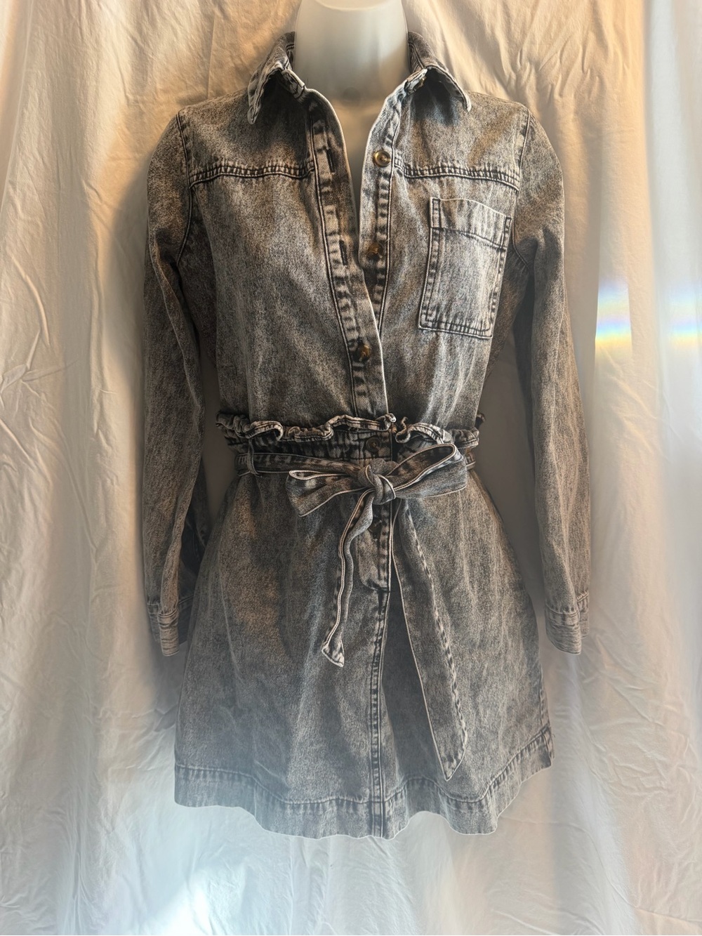 Acid Wash Denim Shirt Dress with Tie Waist